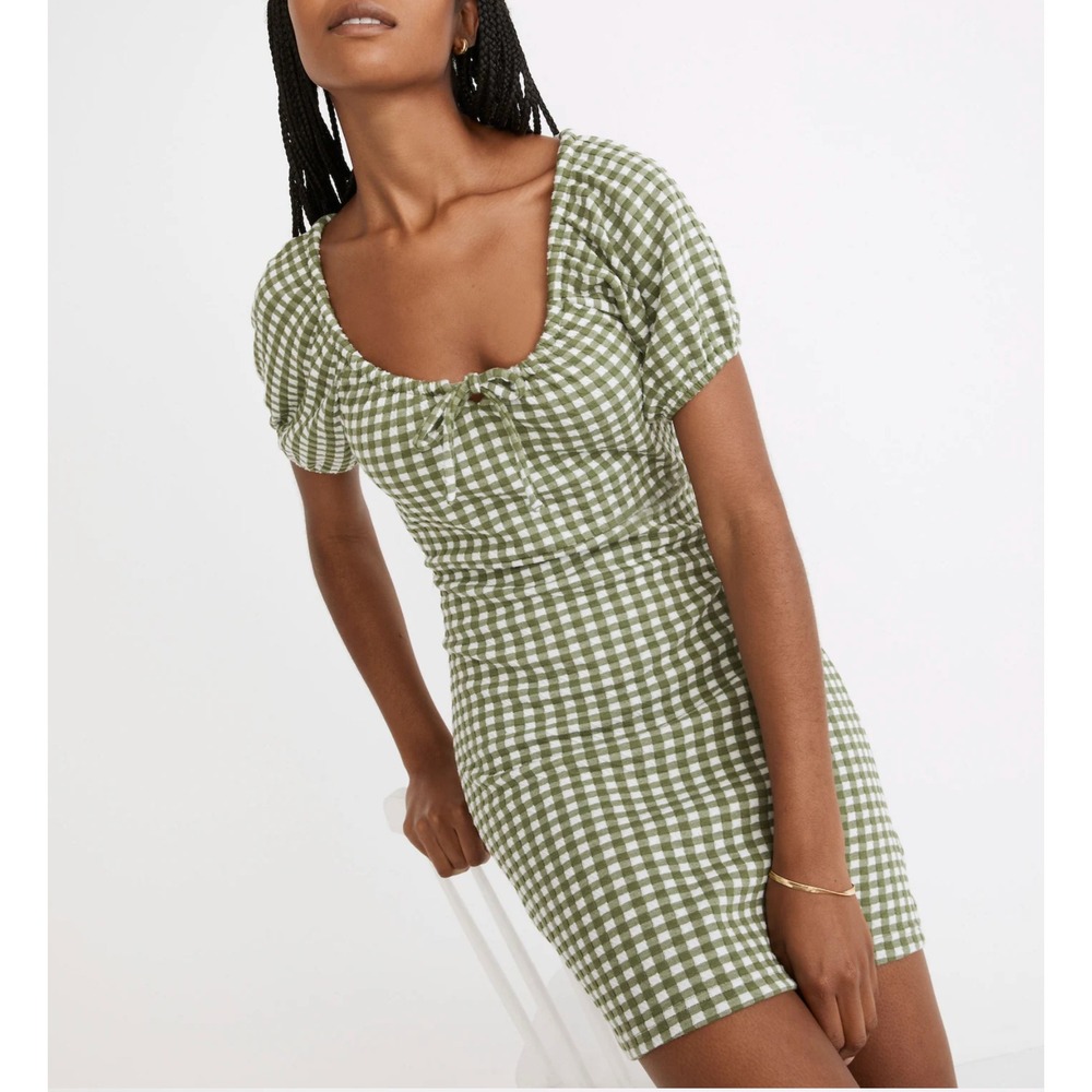 Madewell Jacquard Puff-Sleeve Mini Dress in Green Gingham Check XS